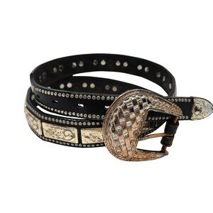 Nocona Black Leather Belt with Silver Detailing